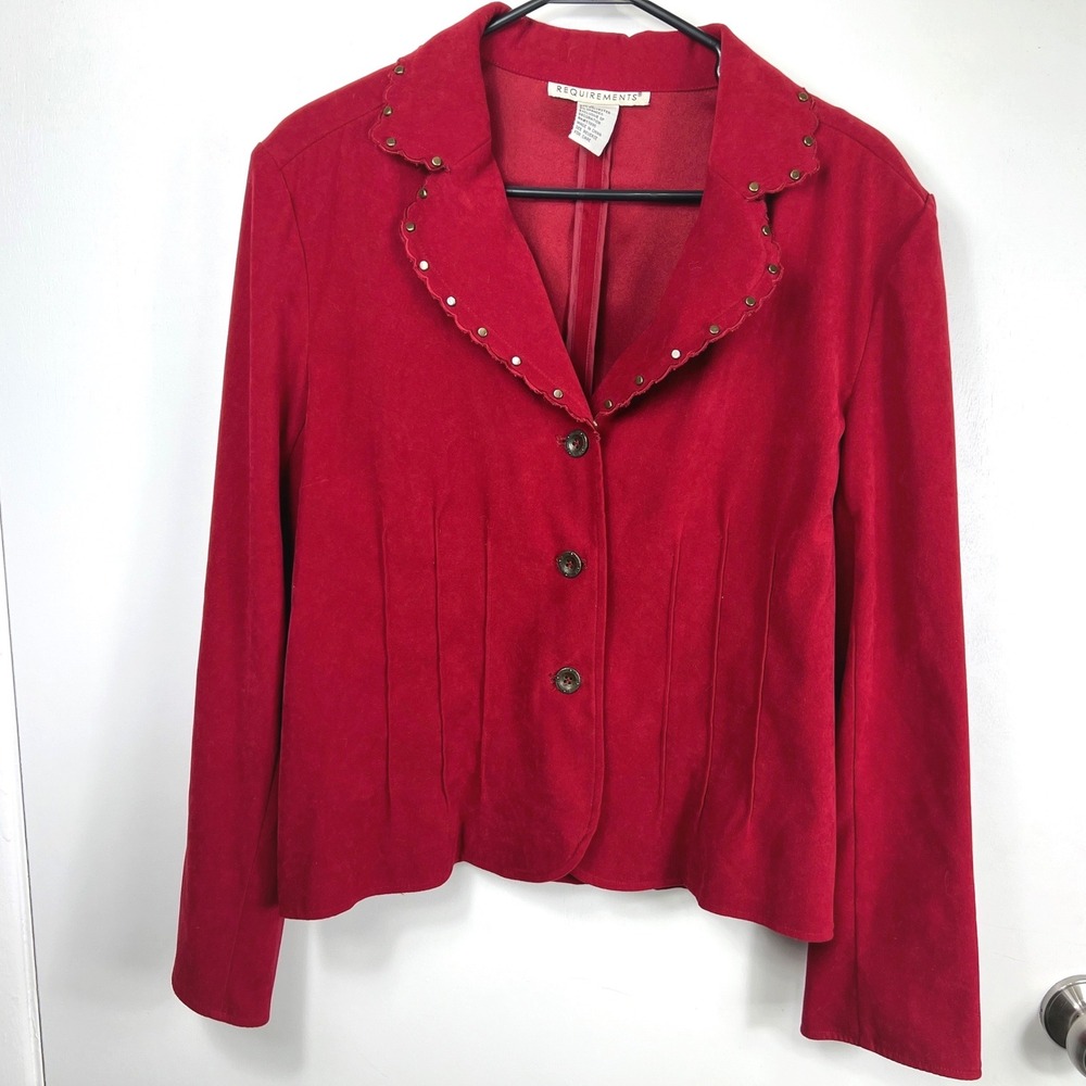 Vintage Requirements Womens Faux Suede Blazer‎ Jacket Size L Red Studded Collar